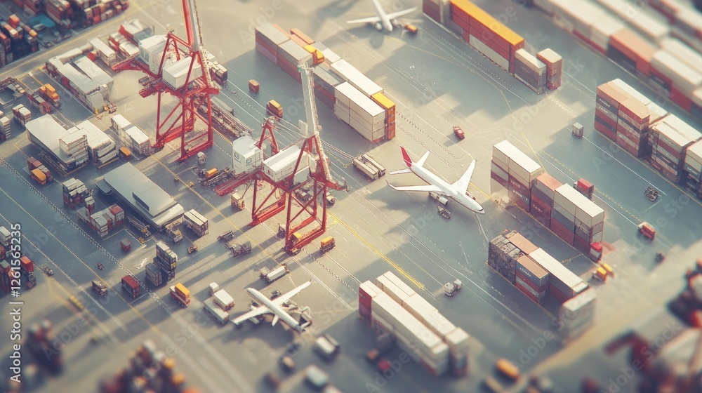 Poster a bird's eye view of a logistics hub with cranes, trucks, and planes, all synchronized for efficient