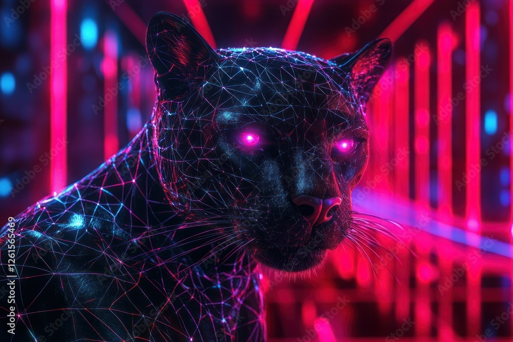 Poster a black panther designed with luminous network plexus patterns, surrounded by bright glowing laser l