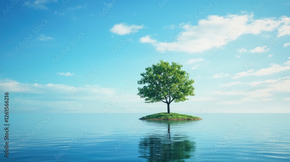 Poster a calm landscape featuring a single tree on an island surrounded by water, under a pristine blue sky