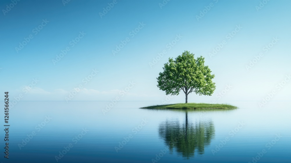 Poster a calm landscape featuring a single tree on an island surrounded by water, under a pristine blue sky