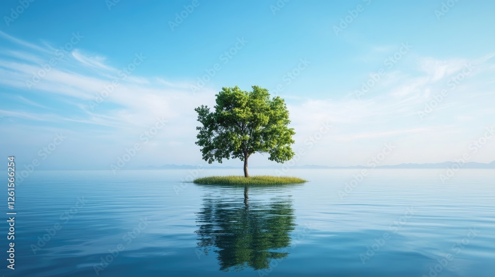 Poster a calm landscape featuring a single tree on an island surrounded by water, under a pristine blue sky