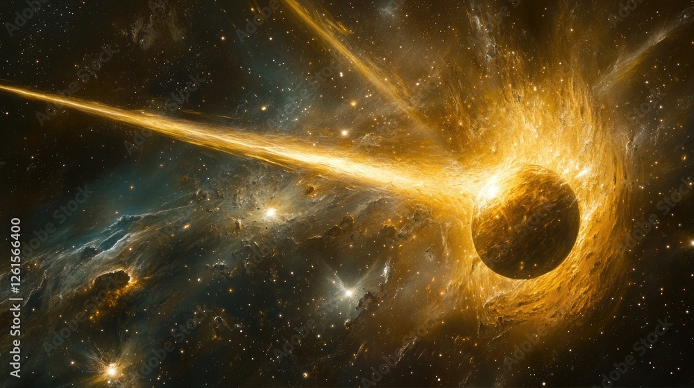 Poster a captivating cosmic scene with space and time warping around a massive celestial body, surrounded b