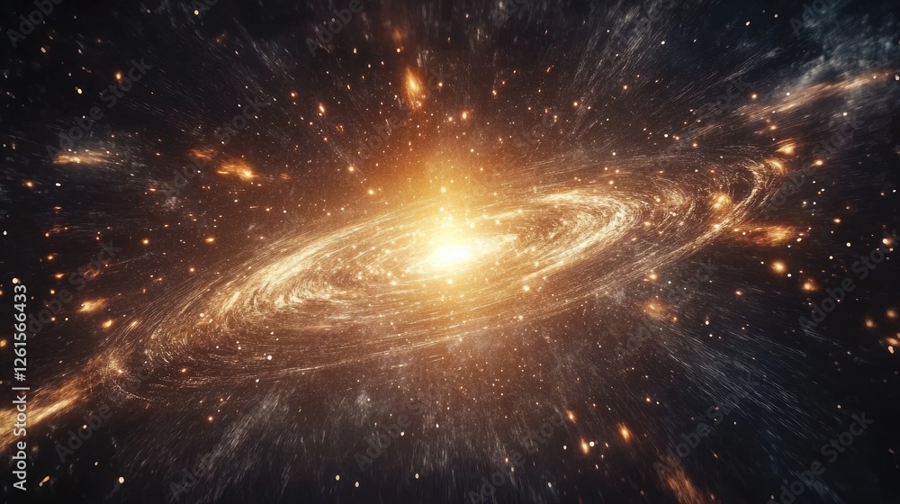Poster a captivating cosmic scene with space and time warping around a massive celestial body, surrounded b