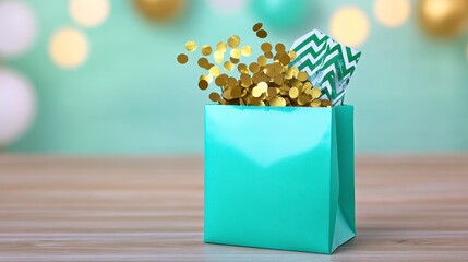 Vibrant Gift Bag with Gold Confetti and Decorative Paper Filler