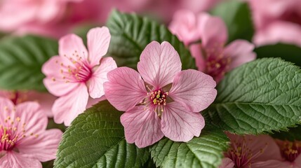 Close-up of delicate pink cherry blossoms surrounded by lush green leaves in a serene setting