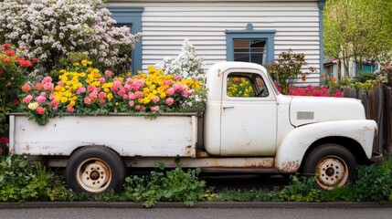 A classic white truck loaded with spring flowers, parked near a farmhouse with a vibrant flower bed, evoking the beauty of rural life in spring