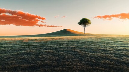 Solitary Tree on Rolling Hill under Colorful Sunset Sky