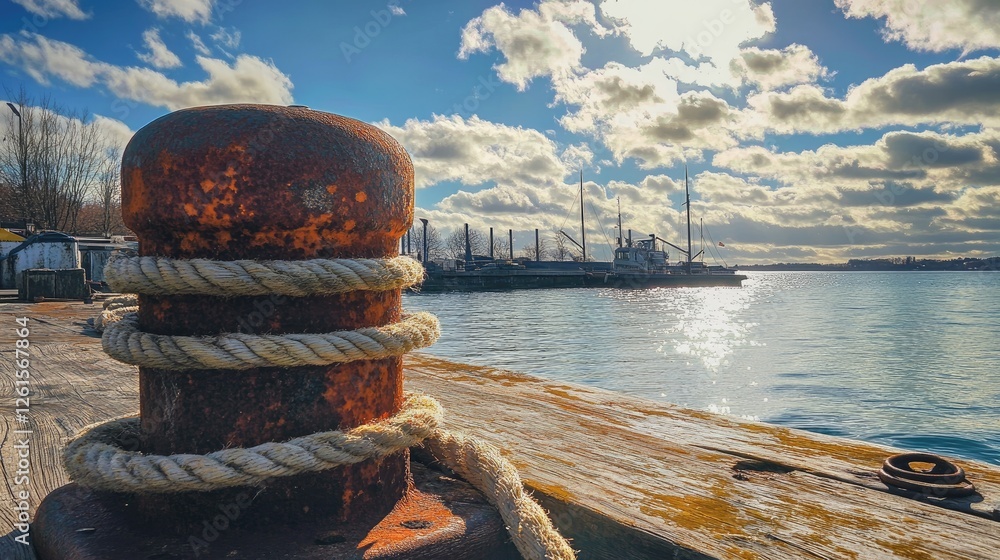 Poster a close-up of a rusted bollard on a dock, with thick ropes tangled around it and a bright, sunny sky