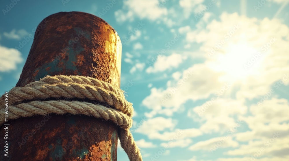 Poster a close-up of a rusted bollard on a dock, with thick ropes tangled around it and a bright, sunny sky