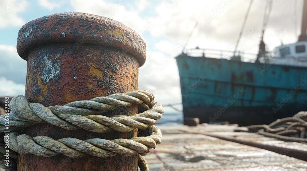 Poster a close-up of a rusted bollard on a dock, with thick ropes tangled around it and a bright, sunny sky