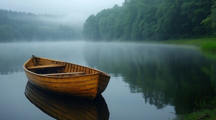 Obraz premium A Tranquil Morning: Wooden Boat Reflecting in Mist-Covered Lake with Forest Backdrop, Evoking Peace and Serenity.