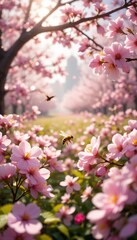 A bustling spring garden filled with blooming cherry blossoms, where a bee is seen darting among the delicate pink flowers