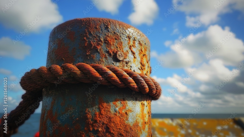 Poster a close-up of a rusty port bollard with thick ropes, set against a bright sky with fluffy clouds, cr