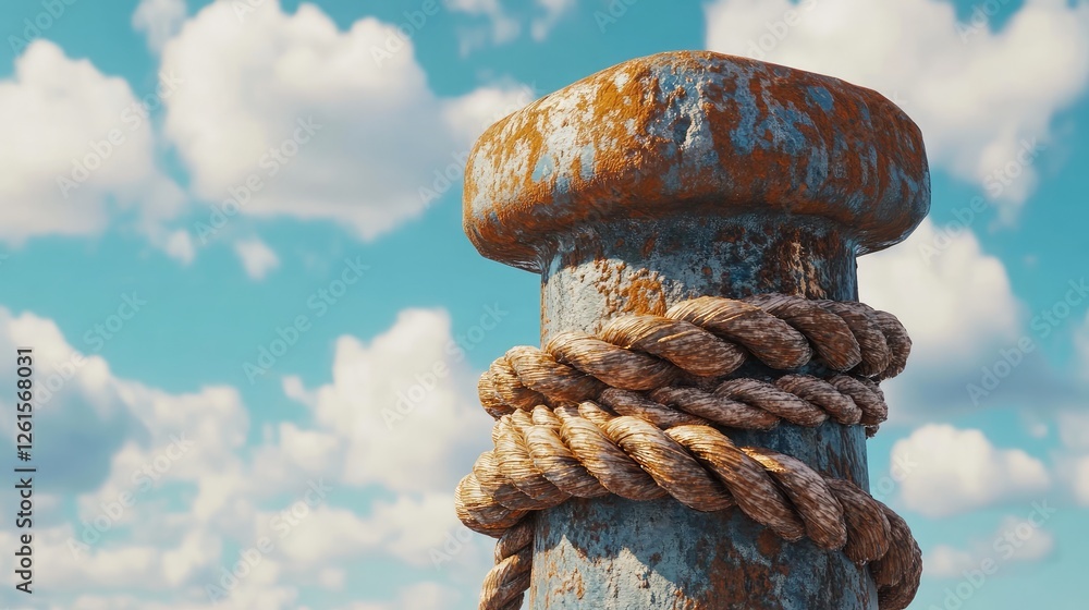 Poster a close-up of a rusty port bollard with thick ropes, set against a bright sky with fluffy clouds, cr