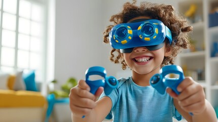 Smiling girl is wearing blue vr headset while playing indoors