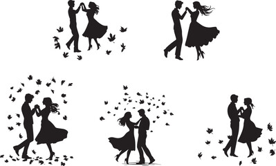 Silhouette of a couple dancing under falling autumn leaves vector silhouette