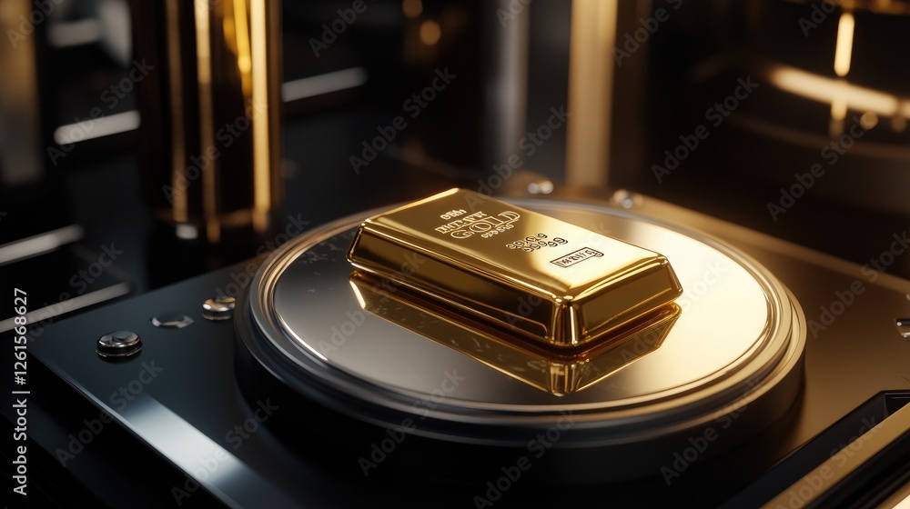 Aufkleber A close-up shot of a gold bar resting on a scale with professional studio lighting, emphasizing its luxurious shine and precision in an elegant setting