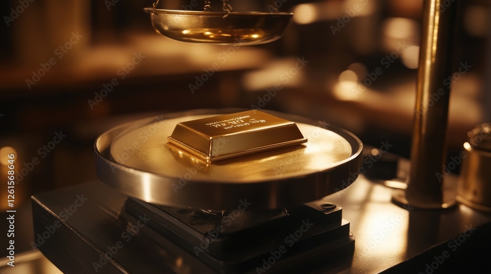 Aufkleber A close-up shot of a gold bar resting on a scale with professional studio lighting, emphasizing its luxurious shine and precision in an elegant setting