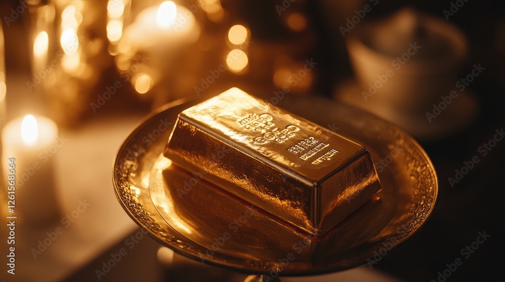 Poster A close-up shot of a gold bar resting on a scale with professional studio lighting, emphasizing its luxurious shine and precision in an elegant setting
