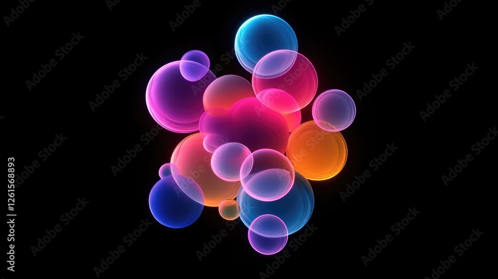 Poster a cluster of glowing neon bubbles floating against a deep black background, creating a stunning, mod