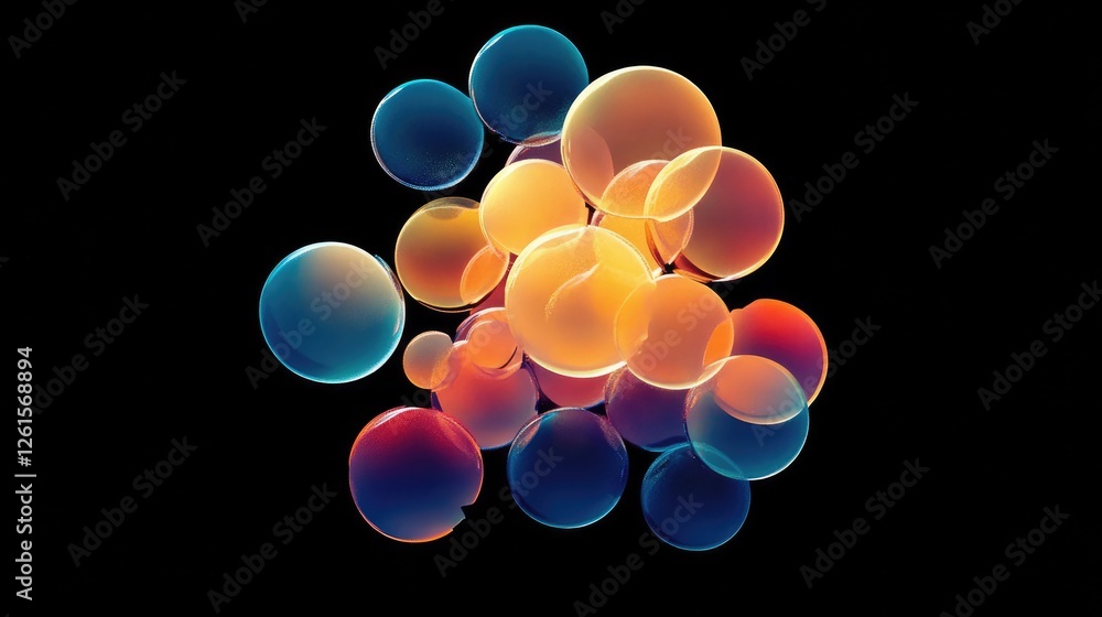 Poster A cluster of glowing neon bubbles floating against a deep black background, creating a stunning, modern design with vibrant colors and sharp contrast