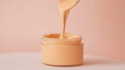 Foundation is being poured into a glass jar container