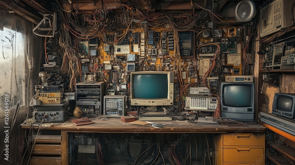 Poster a cluttered workstation filled with old technology, cables, and electronics in an abandoned room, ev