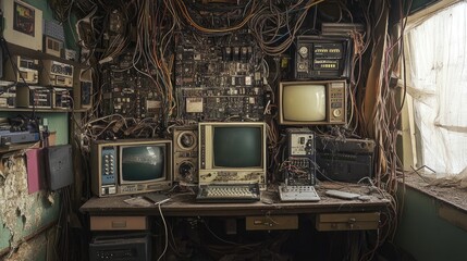 Fototapeta premium A cluttered workstation filled with old technology, cables, and electronics in an abandoned room, evoking the forgotten era of electronics and computing