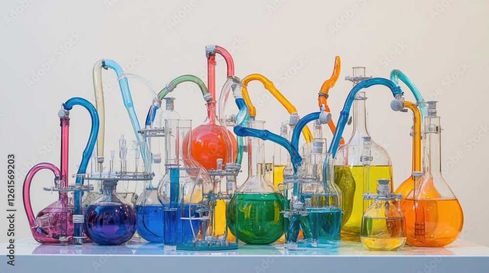 Poster a collection of lab flasks filled with colorful liquids, linked by elaborate tubing, arranged on a c