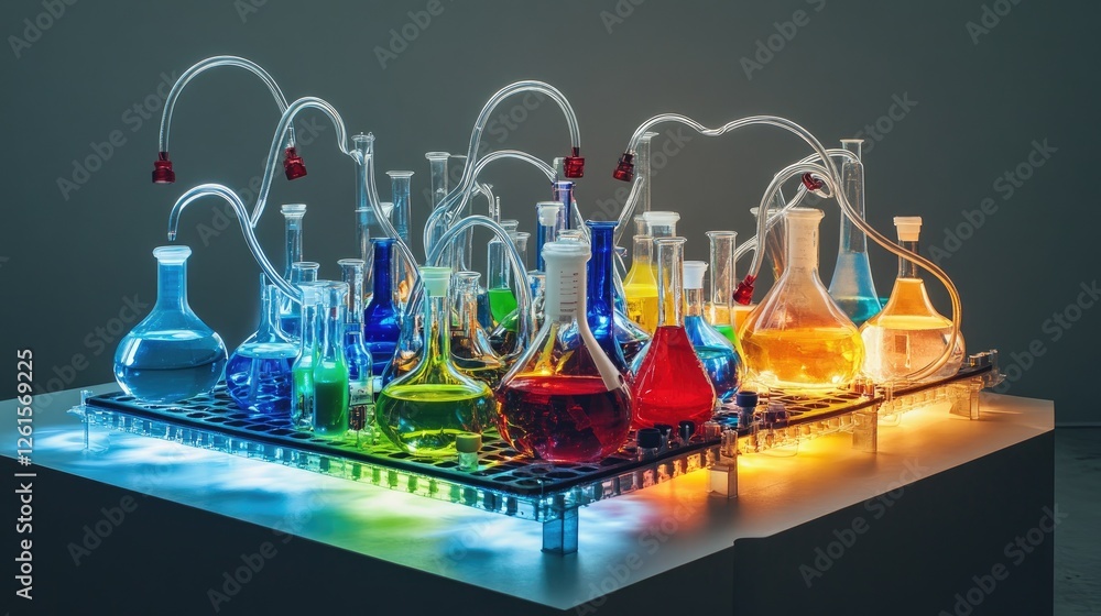 Poster a collection of lab flasks filled with colorful liquids, linked by elaborate tubing, arranged on a c