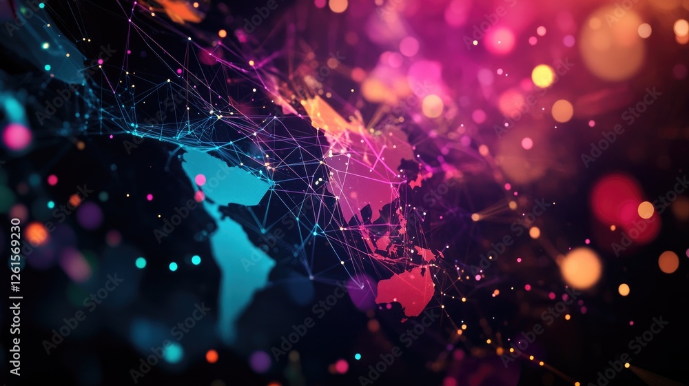 Poster A colorful, abstract world map with geometric shapes and vibrant hues, creating a dynamic and modern representation of global connectivity