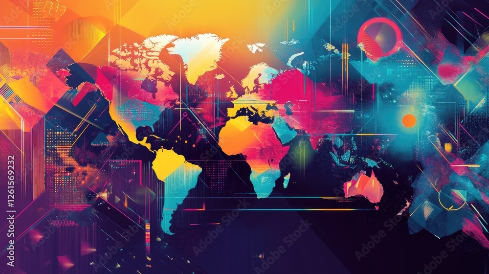 Aufkleber A colorful, abstract world map with geometric shapes and vibrant hues, creating a dynamic and modern representation of global connectivity