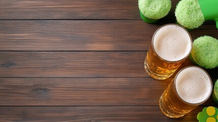Two Glasses of Beer with Colorful Cupcakes on Wooden Table