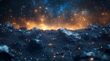 Fototapeta premium Meteorite fragments on rocky terrain, symbolizing cosmic exploration and scientific discovery. 