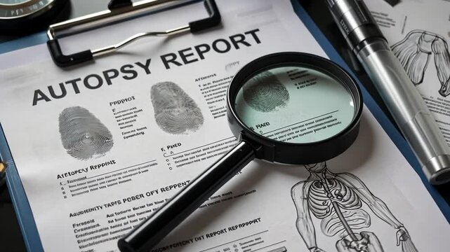 Close-up of an autopsy report with forensic findings, fingerprints, organ sketch, magnifying glass, and pen beside it.