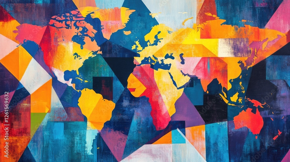Poster a colorful world map with a modern geometric design, showcasing vibrant colors and abstract shapes, 