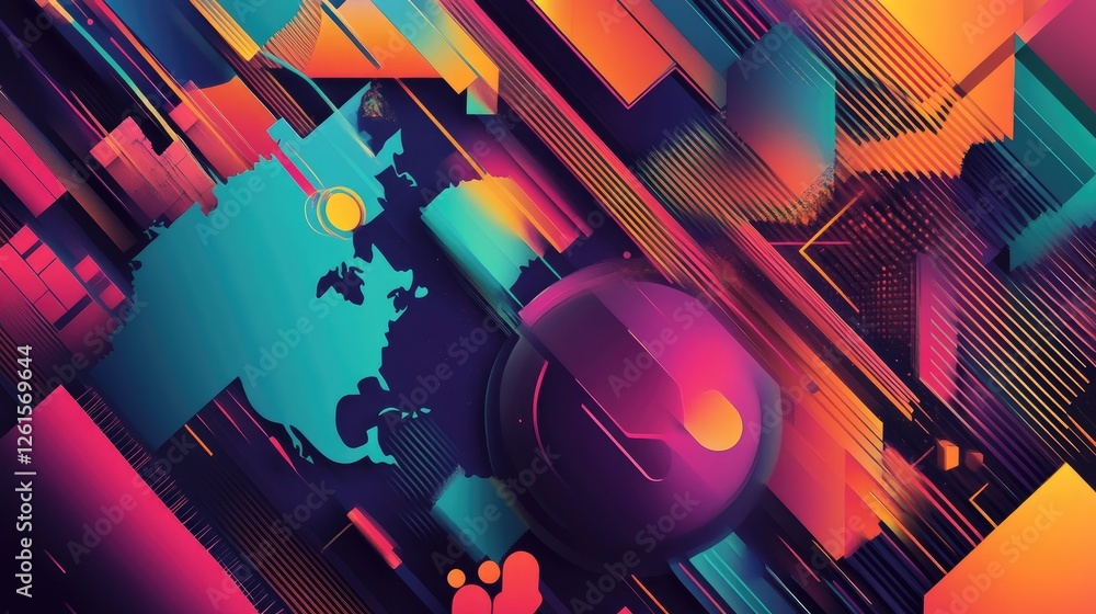 Poster a colorful world map with a modern geometric design, showcasing vibrant colors and abstract shapes, 