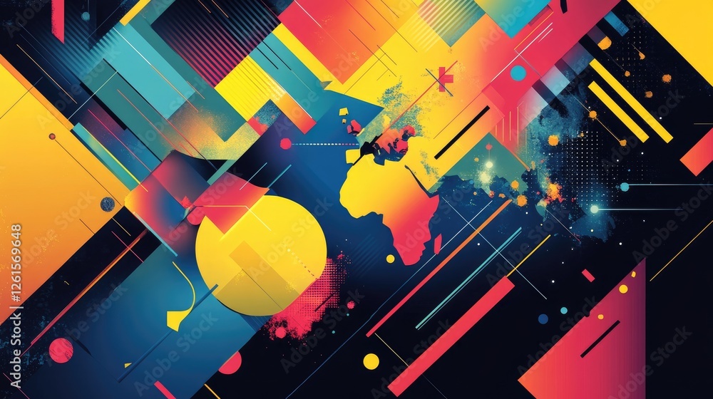 Poster a colorful world map with a modern geometric design, showcasing vibrant colors and abstract shapes, 
