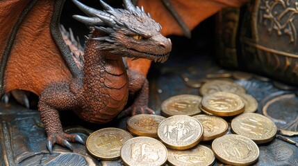 Magnificent Dragon Figurine Amidst a Pile of Gold Coins