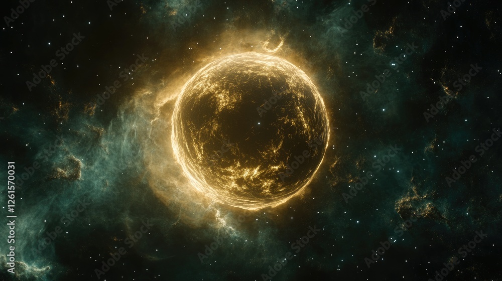 Poster a cosmic visual of space and time bending around a giant celestial body, glowing stars and nebulae i