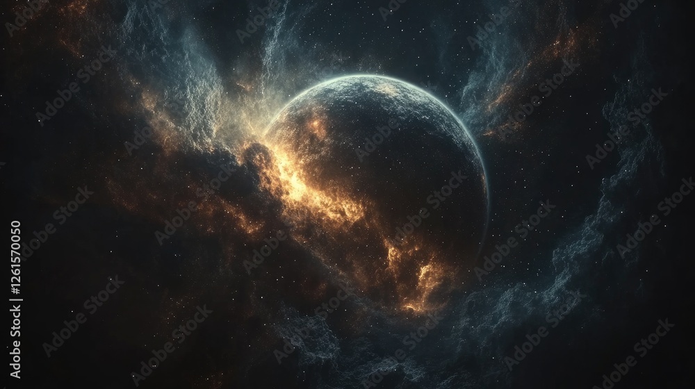 Poster a cosmic visual of space and time bending around a giant celestial body, glowing stars and nebulae i