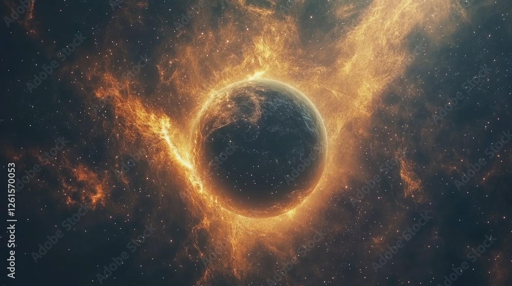 Poster a cosmic visual of space and time bending around a giant celestial body, glowing stars and nebulae i
