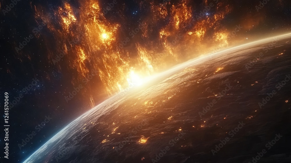 Poster a cosmic visual of space and time bending around a giant celestial body, glowing stars and nebulae i
