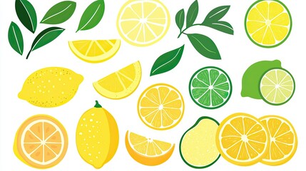 A vibrant collection of lemons and limes with green leaves, showcasing various cuts and slices