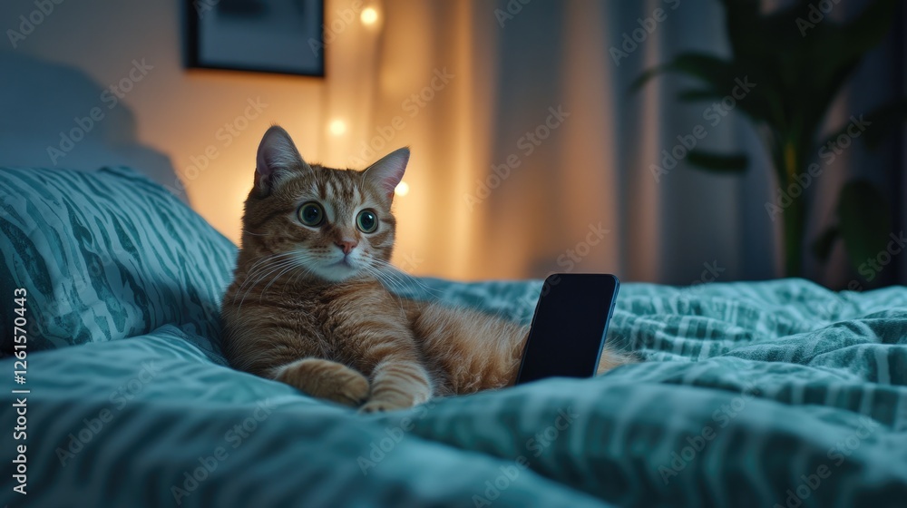 Poster a curious cat on a bed with a phone, capturing a moment of playful exploration and adorable curiosit
