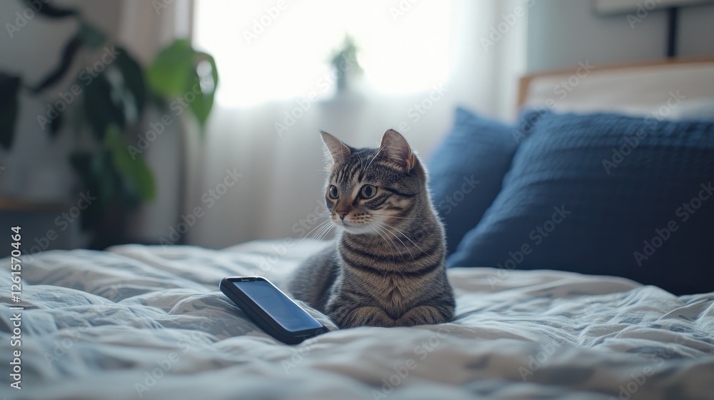 Poster a curious cat on a bed with a phone, capturing a moment of playful exploration and adorable curiosit