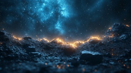 Fototapeta premium Meteorite fragments on rocky terrain, symbolizing cosmic exploration and scientific discovery. 