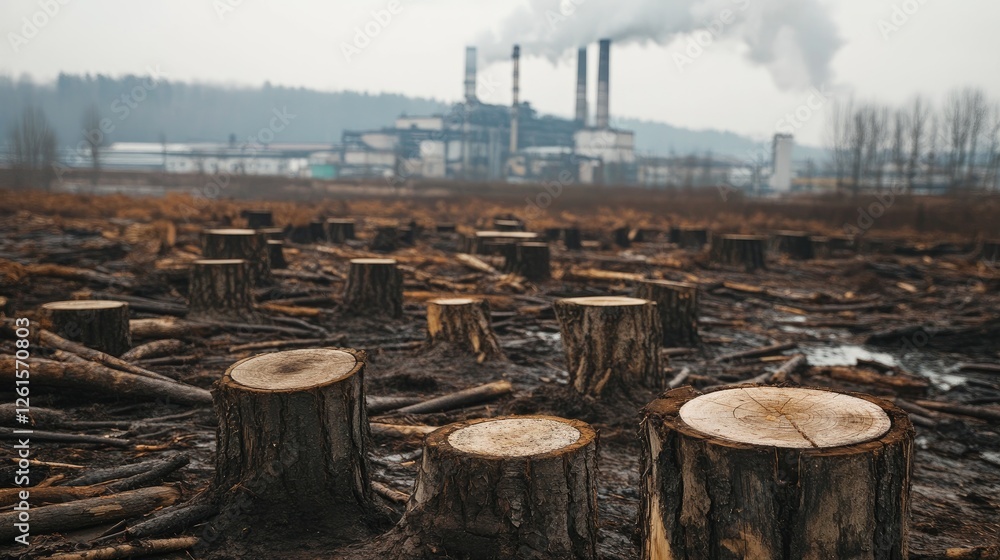 Poster a deforested area with tree stumps, and a factory emitting pollution in the background, capturing th