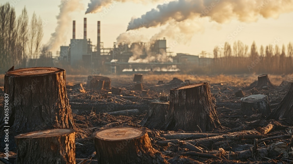 Poster a deforested area with tree stumps, and a factory emitting pollution in the background, capturing th