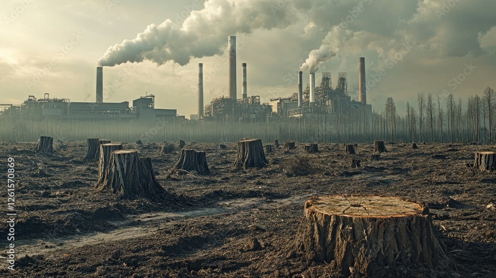 Poster A deforested area with tree stumps, and a factory emitting pollution in the background, capturing the environmental consequences of industrial progress